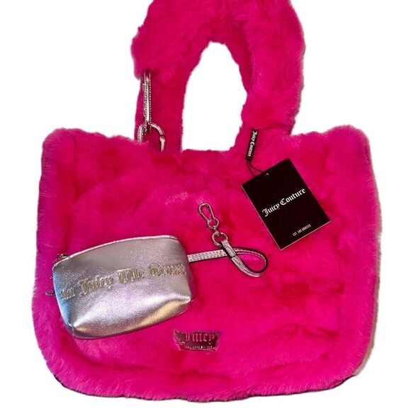 Juicy Couture Berry Fuchsia Faux Fur Tote Shopping Bag & Metallic Mini Pouch - Picture 14 of 15